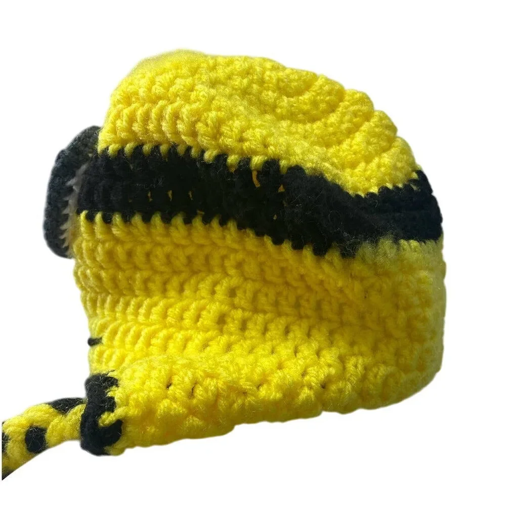 Handmade Crochet Minions Child Yellow Black Single Eye Sock Cap Hat w Braids